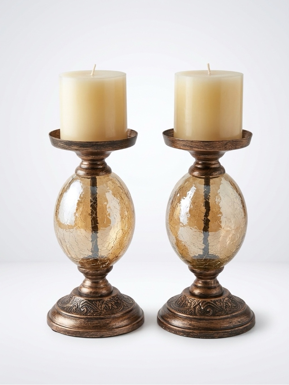Amber Glass and Bronze Pillar Candle Holders - Set of 2 NWOT